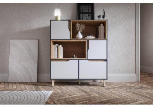 WOOD nízký regál, antracit/bílá/dub Craft zlatý