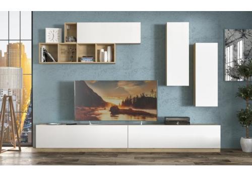 Obývací sestava VISALIA (2x skříňka závěs, 2x TV stolek, police, police s dvířky) dub artisan/bílá